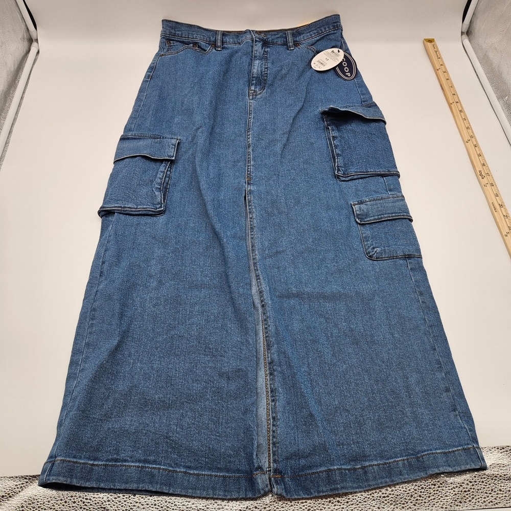 Scoop Cargo Maxi Skirt Medium Wash Blue Denim High Waist Size 12 NWT